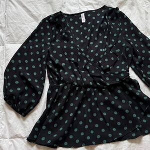 Red Lolly black Peplum ruffle flowy polka dot top sz m cottagecore quiet luxury